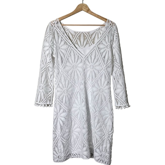 Lilly Pulitzer White Crochet Lace Shift Dress with Pom Trim - Picture 4 of 7